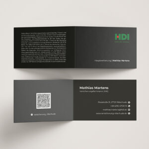 Für die HDI Hauptvertretung Mathias Martens in Ritterhude haben wir ein elegantes und modernes Design für hochwertige Klappvisitenkarten entwickelt. Zusätzlich haben wir eine kürzere, leicht merkbare Domain registriert und eingerichtet, um seinen digitalen Auftritt zu stärken.
